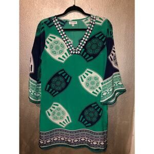 Creme Fraiche Paris New York Preppy Green & Blue 100% Silk Dress